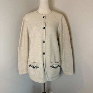 VTG 90s Erik Stewart 100% Wool Embroidered Pocket Cardigan Sweater Beige Large L